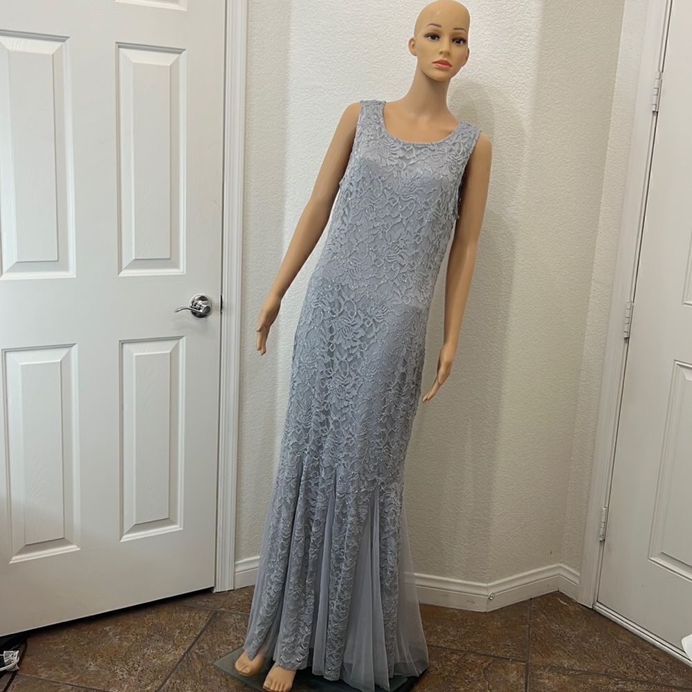 Candalite Sequined Sheer Lace Maxi Dress Sz XL  Blue Gray Scoop Neck Sleeveless